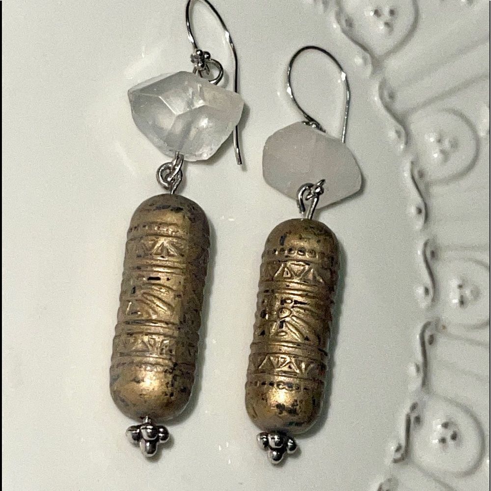 HANDCRAFTED boho chunk moonstone & brass tubal beads earrings